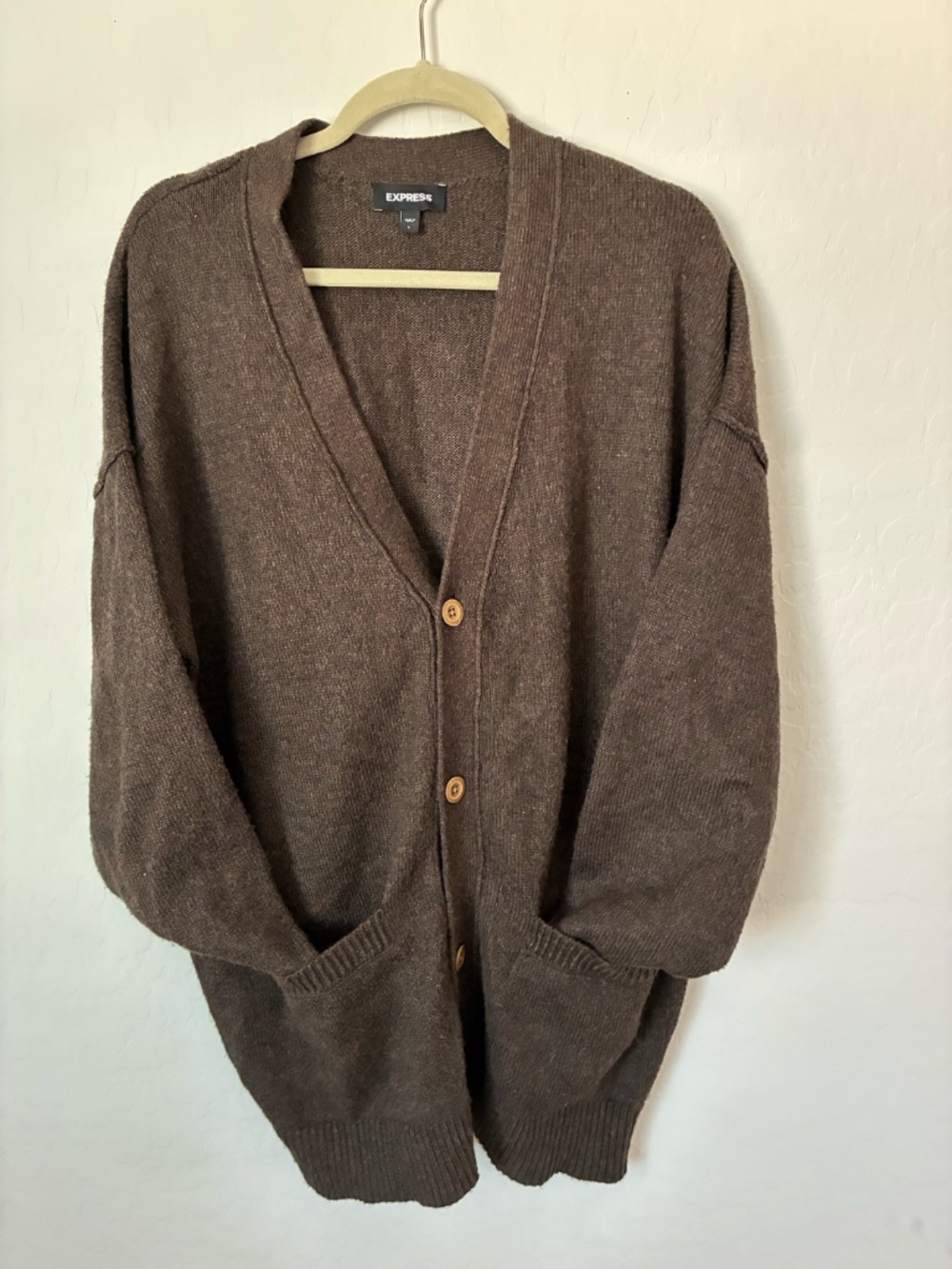Express Brown Oversized Cardigan Sweater Size L Button Front Pockets